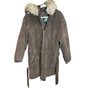 WILSONS ADVENTURE BOUND Suede Leather Coat Fur Trim Hood Sz L Womens